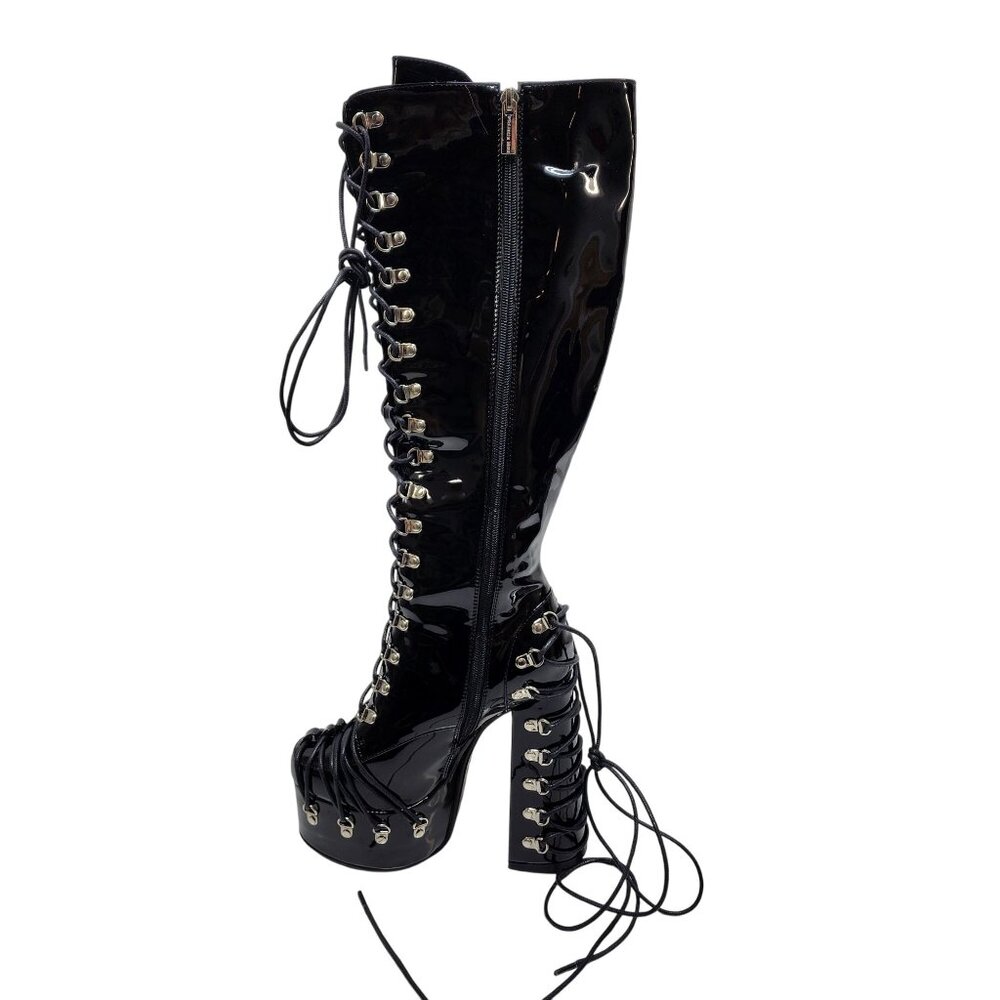 Black Leather Knee-High Lace-Up Platform Boots 6 Frankie Hsu Gothic side Zipper